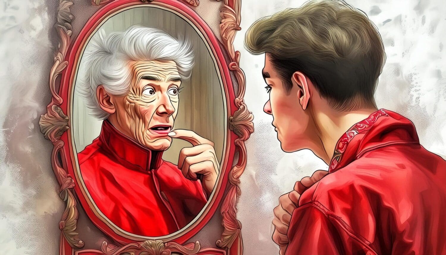 Joven que descubre su yo anciano en el espejo | TuPeriódico ha generado con IA esta imagen.  Descubre cómo usamos la IA