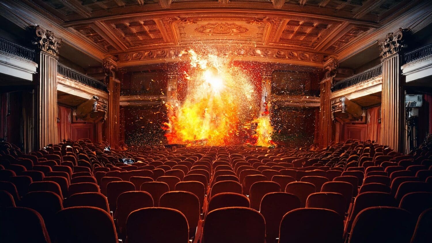 Explosión en un teatro vista desde el patio de butacas