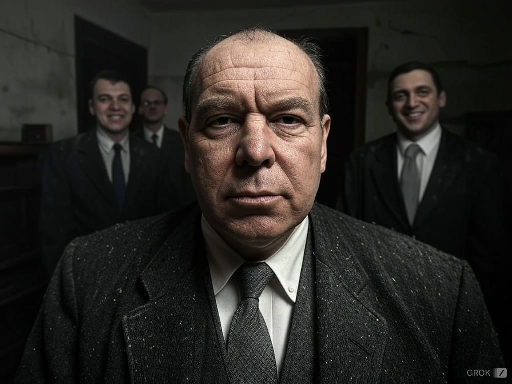 Político frente a la cámara, con asesores sonriendo a su espalda