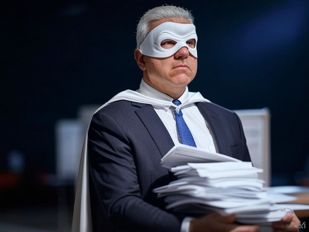 Político vestido de superhéroe recoge votos | TuPeriódico ha generado con IA esta imagen.  Descubre cómo usamos la IA