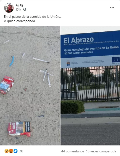 Imagen de la publicación en redes sobre la aparición de jeringas usadas