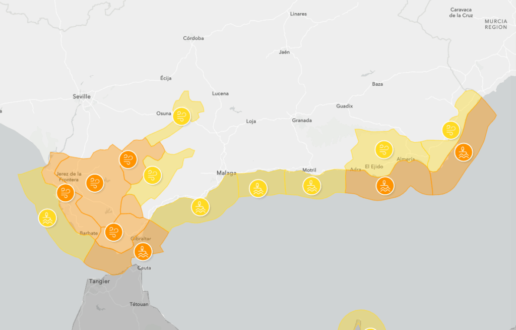 Mapa de alertas por viento y oleaje