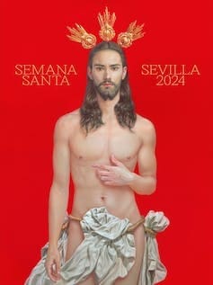 Dibujo de Jesucristo con la mano en el pecho y un fondo rojo.