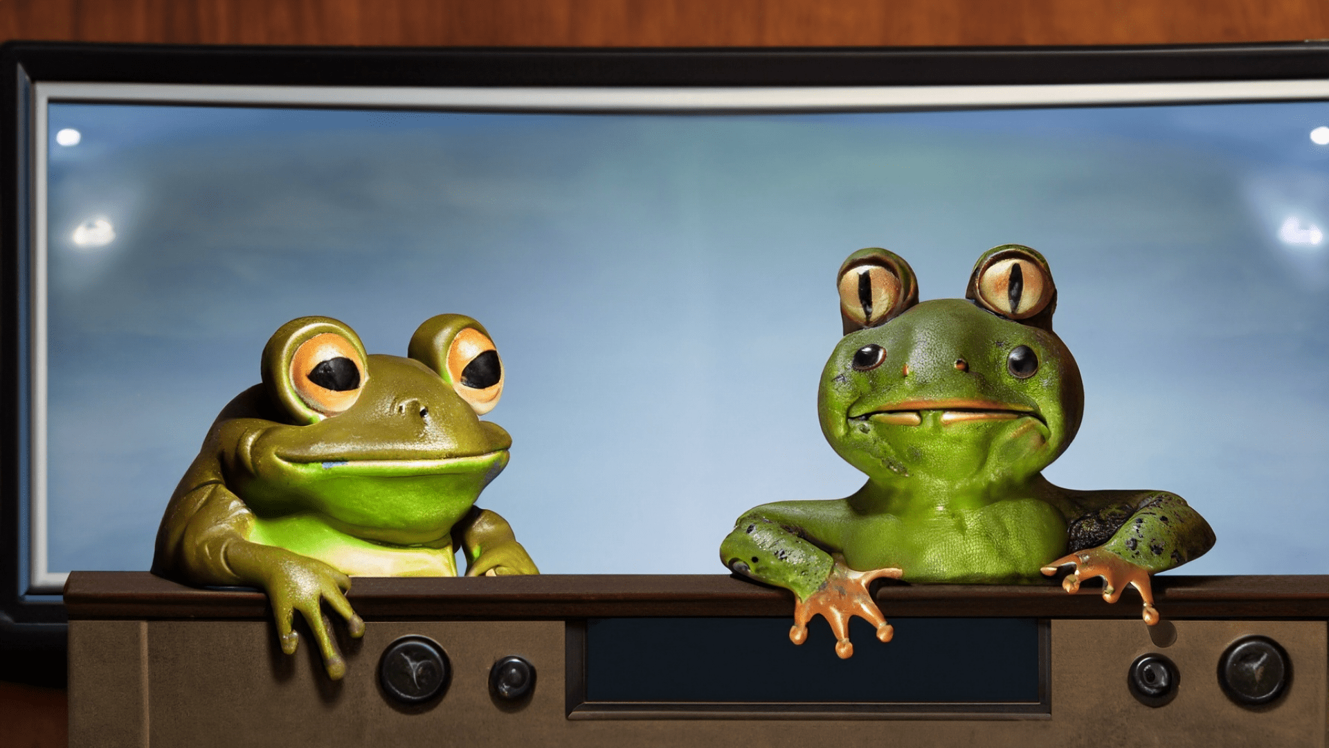 Rana y sapo, en un aparato de televisión |  TuPeriódico ha generado con IA esta imagen.  Descubre cómo usamos la IA